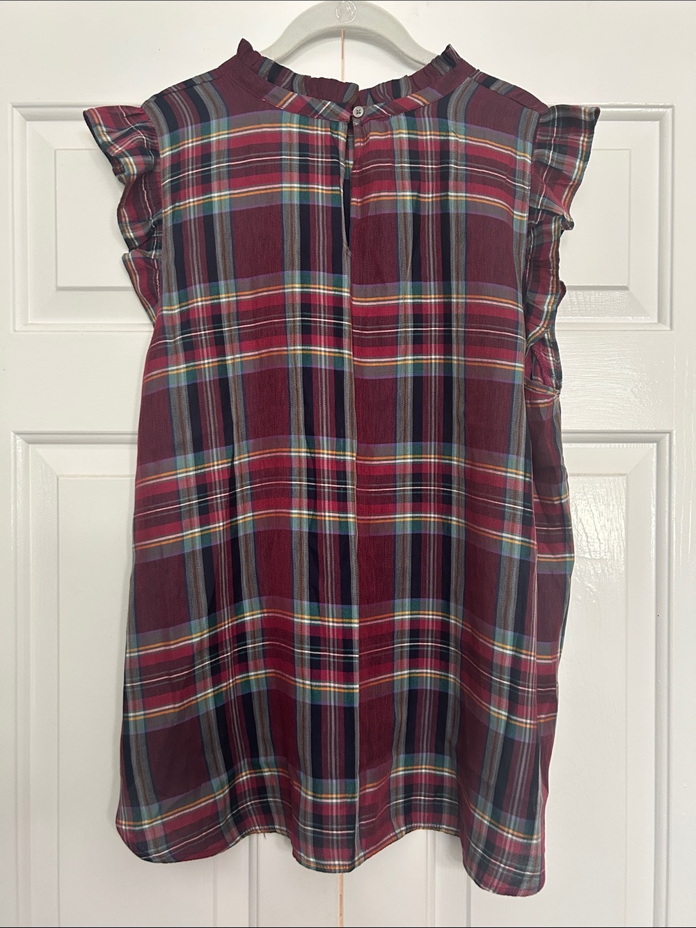 LOFT Burgundy Plaid Sleeveless Ruffle-Trim Camisole - Picture 2 of 3
